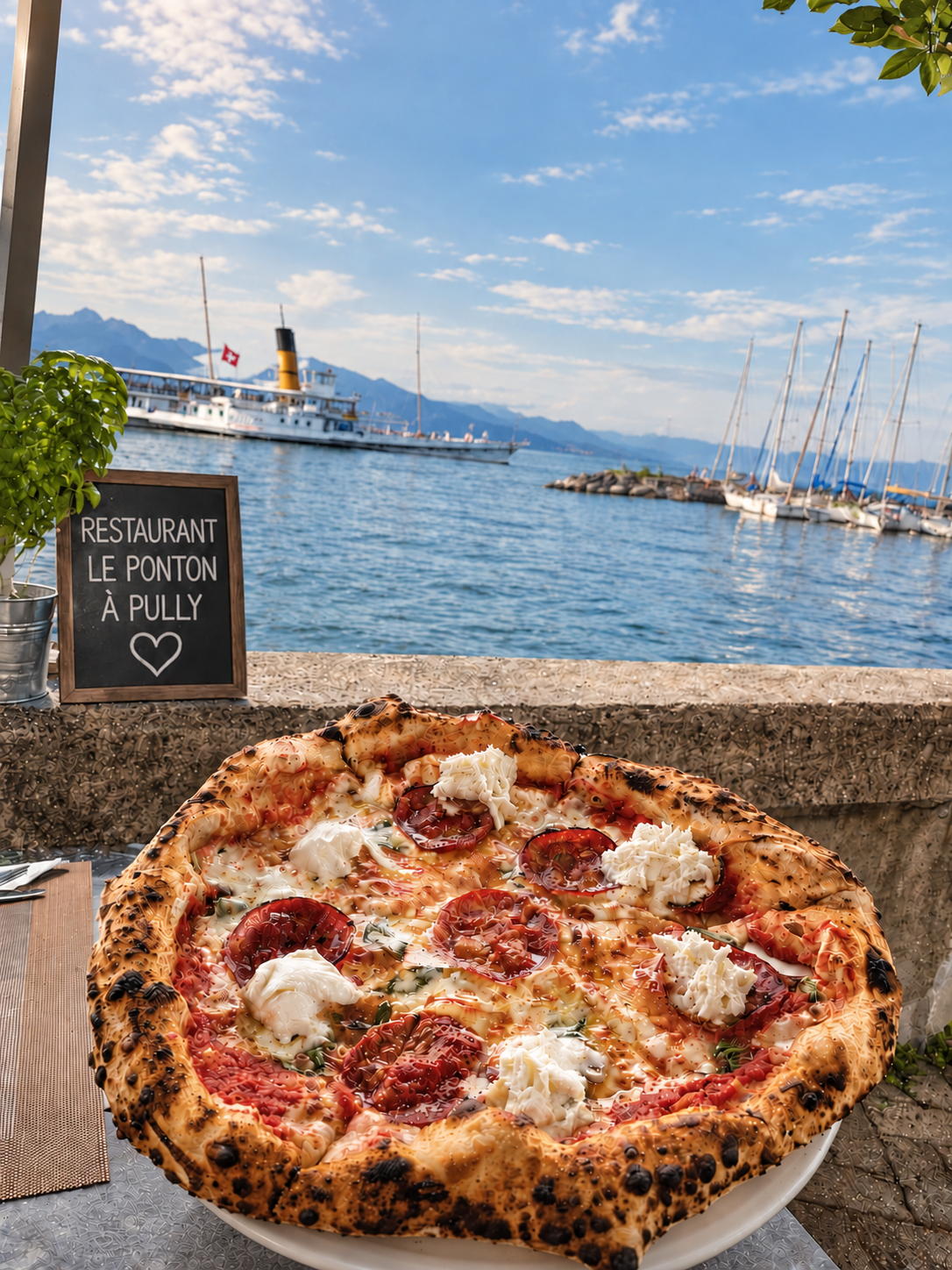 Une pizza du Ponton au premier plan, avec le port et le Léman en arrière-plan