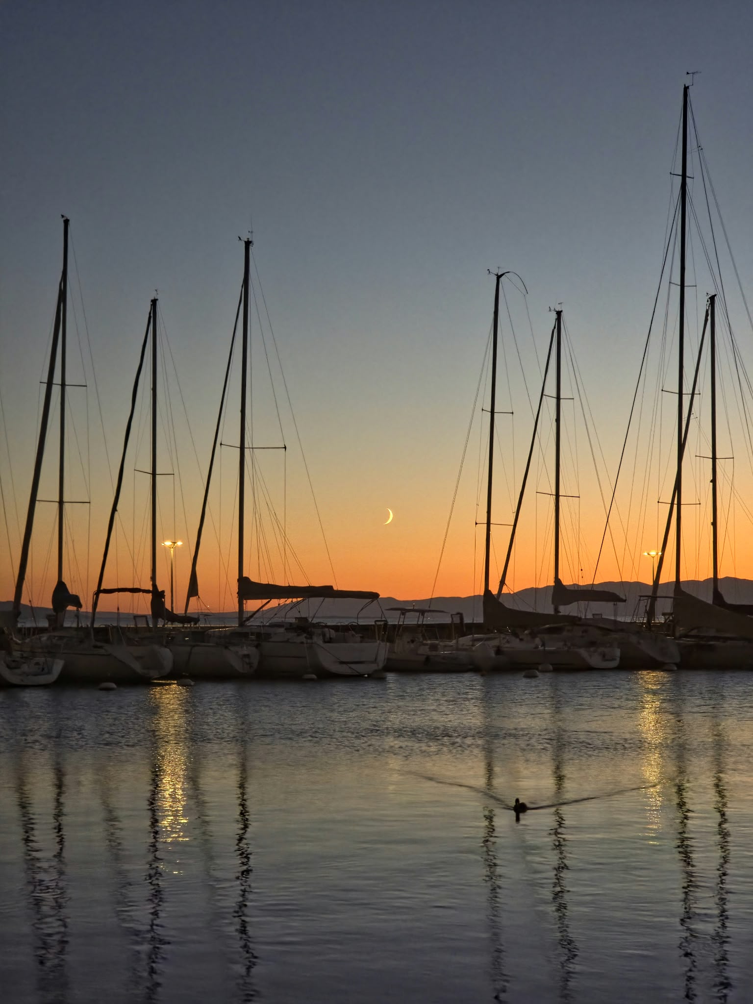 Voiliers au port, croissant de lune et lumière dorée du coucher de soleil